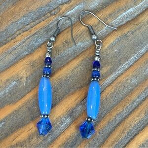 Blue Glass Beaded Dangle Drop Pierced Earrings Silver Tone